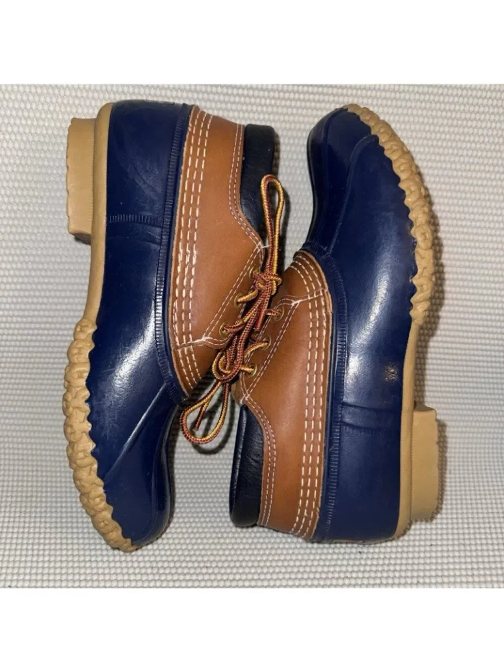 L.L. Bean Moc Boots Blue Brown Rubber Leather Duck Hunting Outdoor Shoes Size 7M